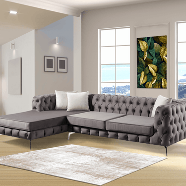 Luxury Rocky Chesterfield Dark Grey Velvet Corner Sofa with Chrome Legs - UK Luxury Furniture